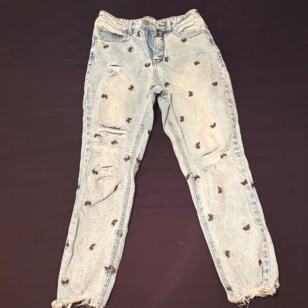 Material Girl Light Blue Jeans with Black Floral Details